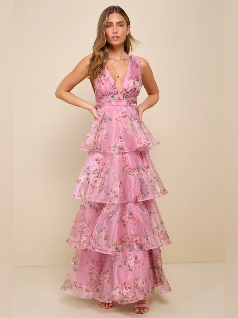 Lulus Pink Floral Tiered Maxi Dress – XS